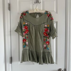 Embroidered Green Floral Women's Top